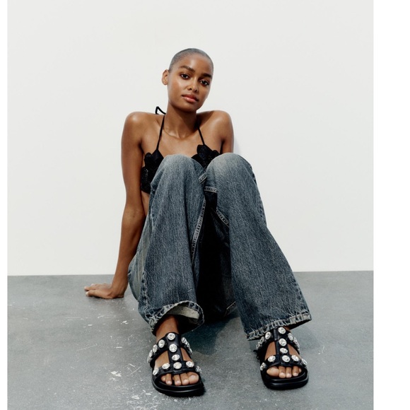 Zara RHINESTONE EMBELLISHED FLAT SANDALS - Picture 2 of 6